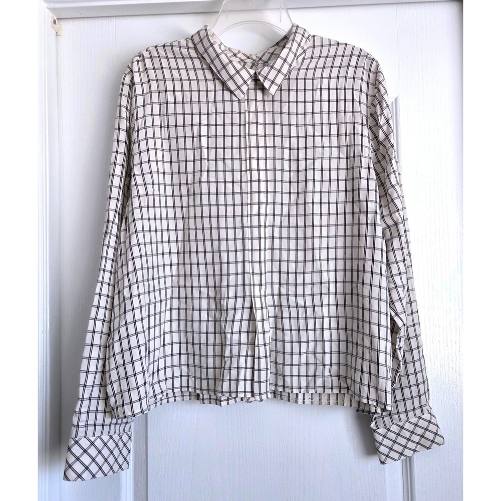 J. Jill Cream Black Windowpane Plaid Button Back Rayon Long Sleeve Top Sz XL